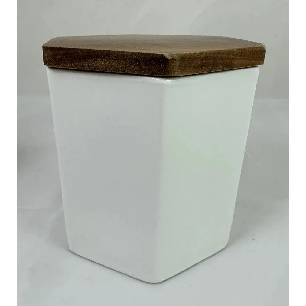 TEAVANA White Hexagon Porcelain Tea Kitchen Storage Canister 4 oz Wooden Lid